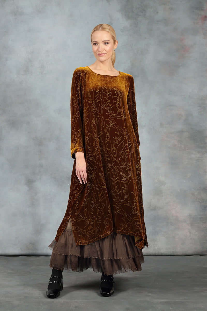 Golden Olive Devoré Feather Silk Velvet Dress