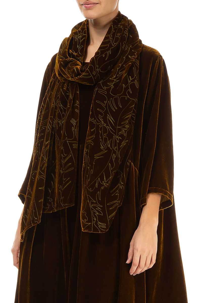 Golden Olive Devoré Feather Silk Velvet Scarf