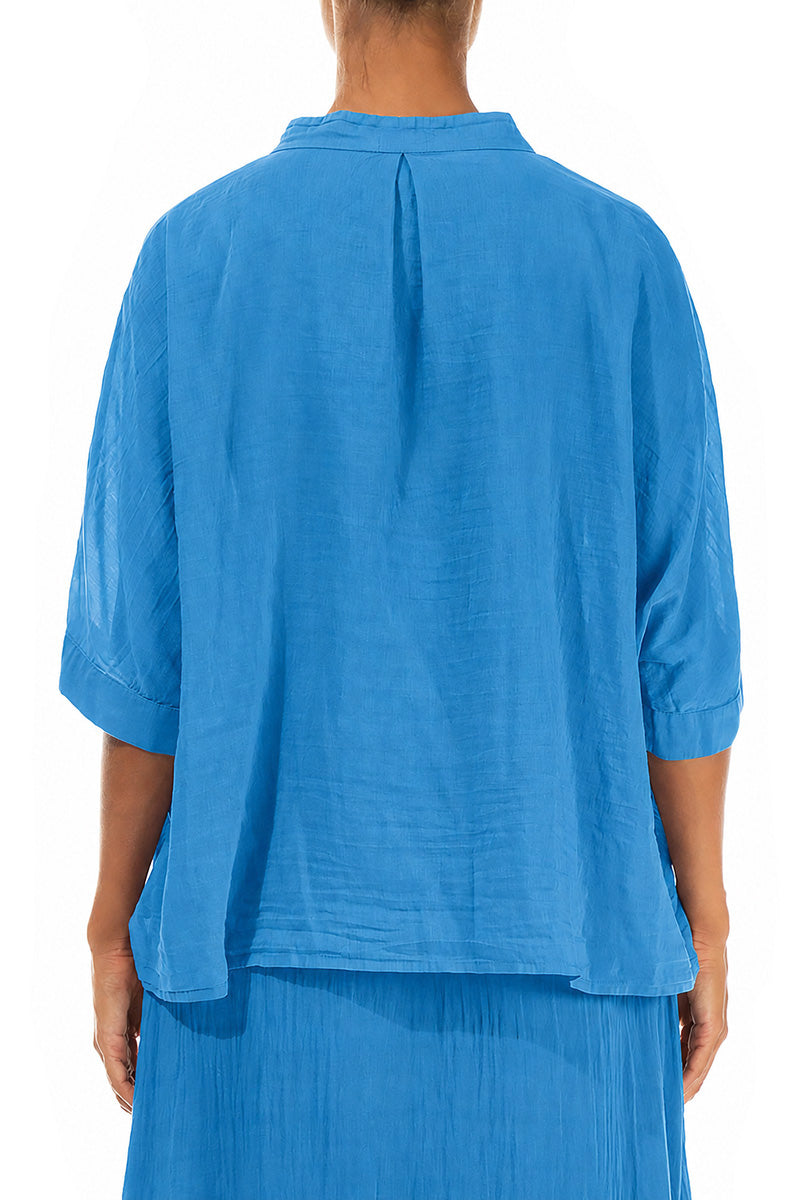 Chemise en soie et coton bleu cobalt à col grand-père