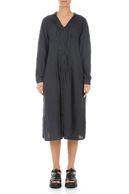 Graphitfarbenes Leinenkleid mit Biesen