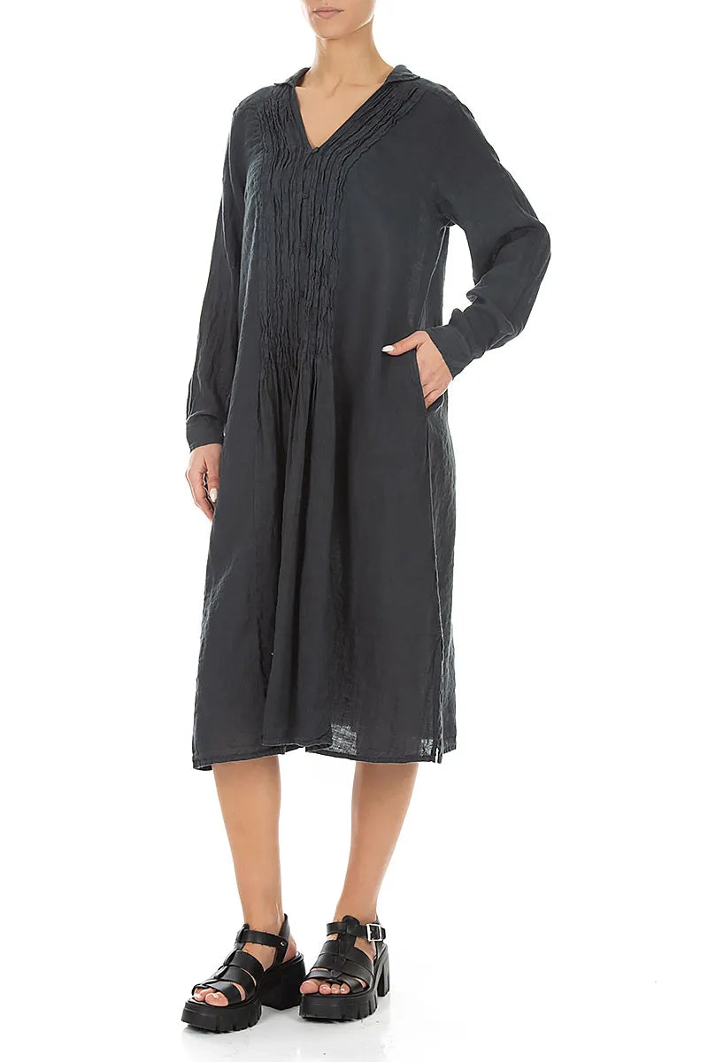 Graphitfarbenes Leinenkleid mit Biesen