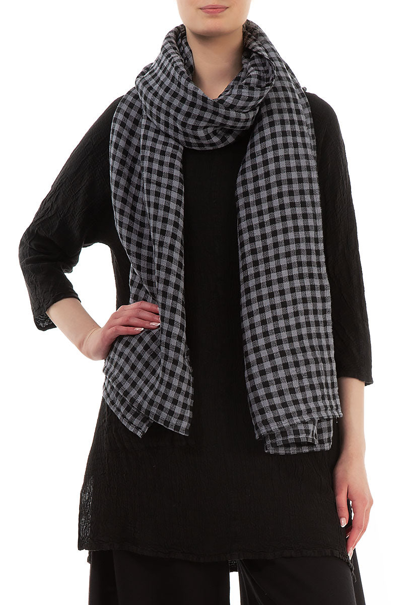 Long Grey Check Linen Scarf