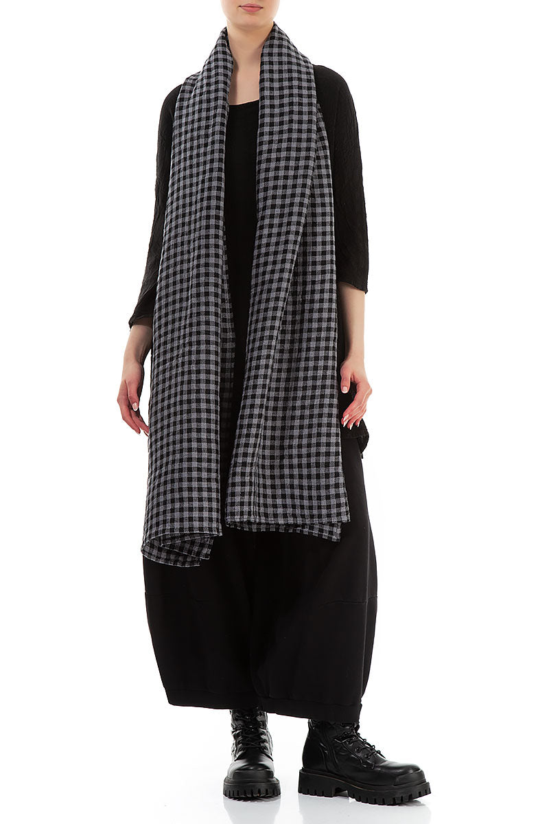 Long Grey Check Linen Scarf