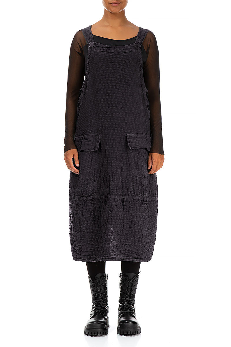 Grey Textured Linen Dungaree Dress 1