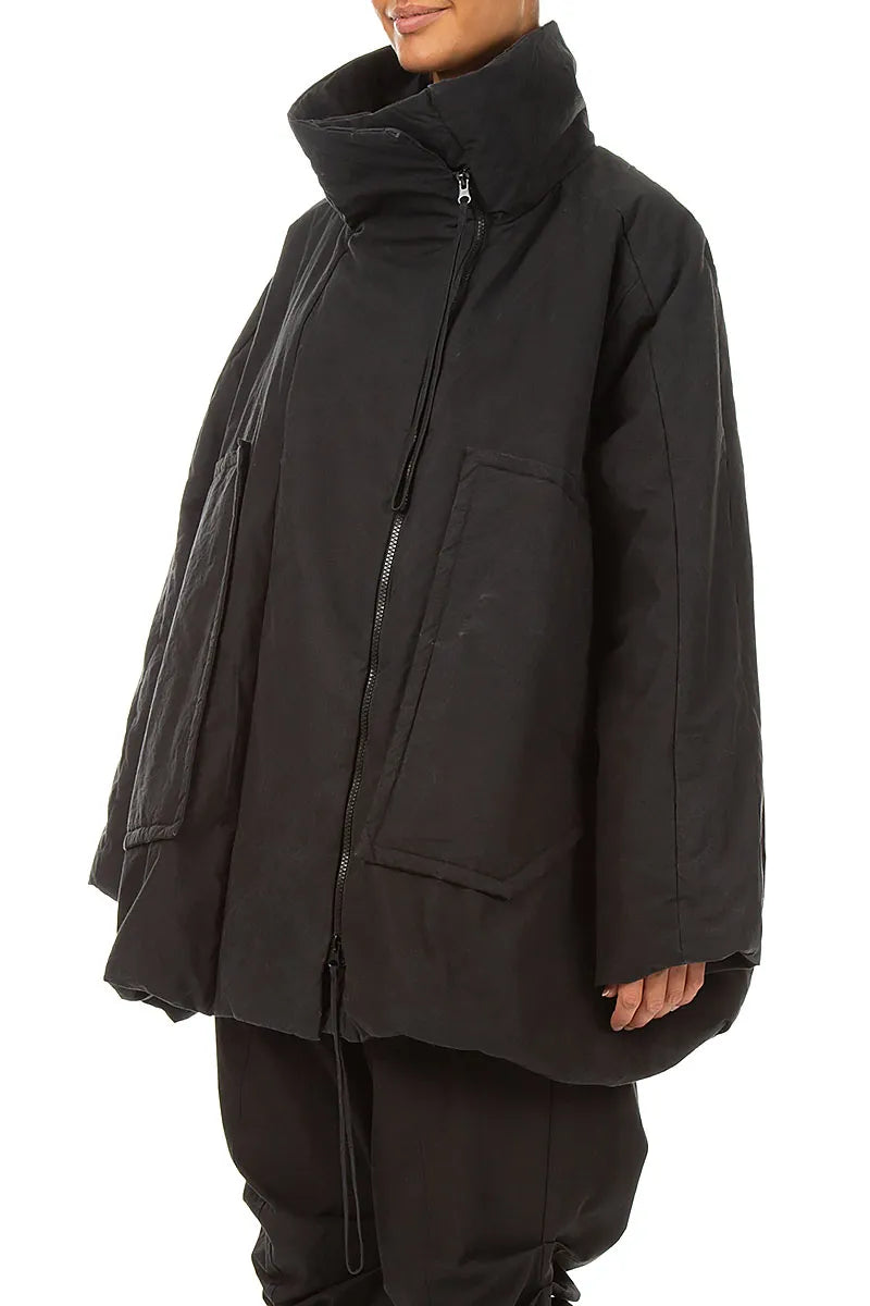 High Collar Black Cotton Puffer Coat