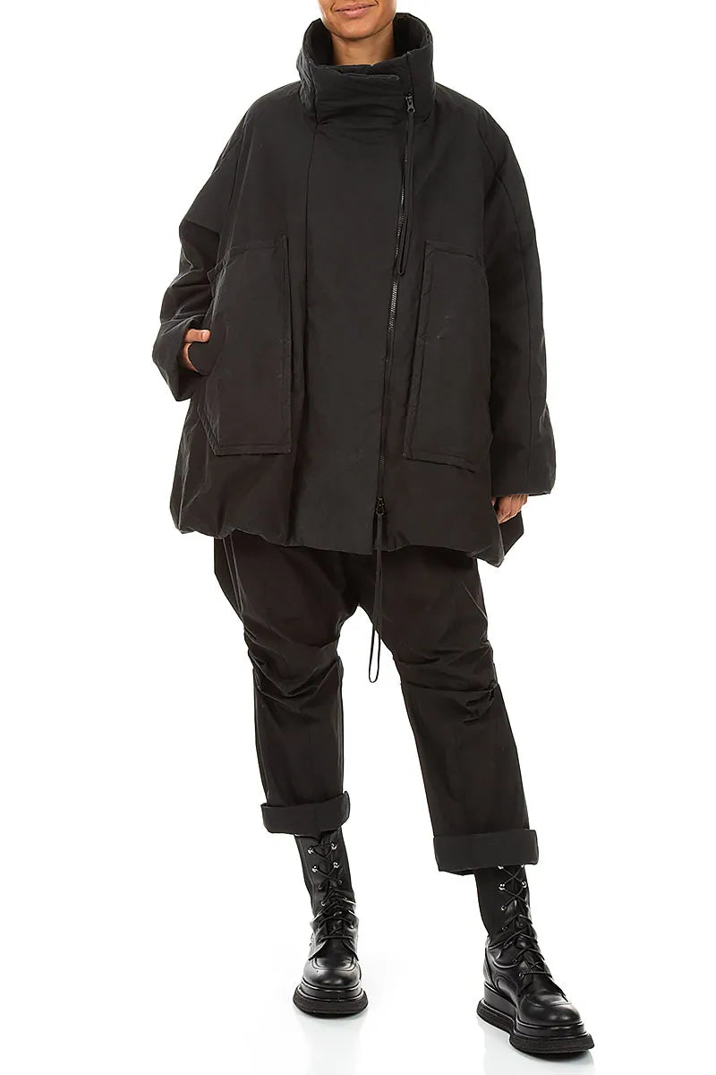 High Collar Black Cotton Puffer Coat