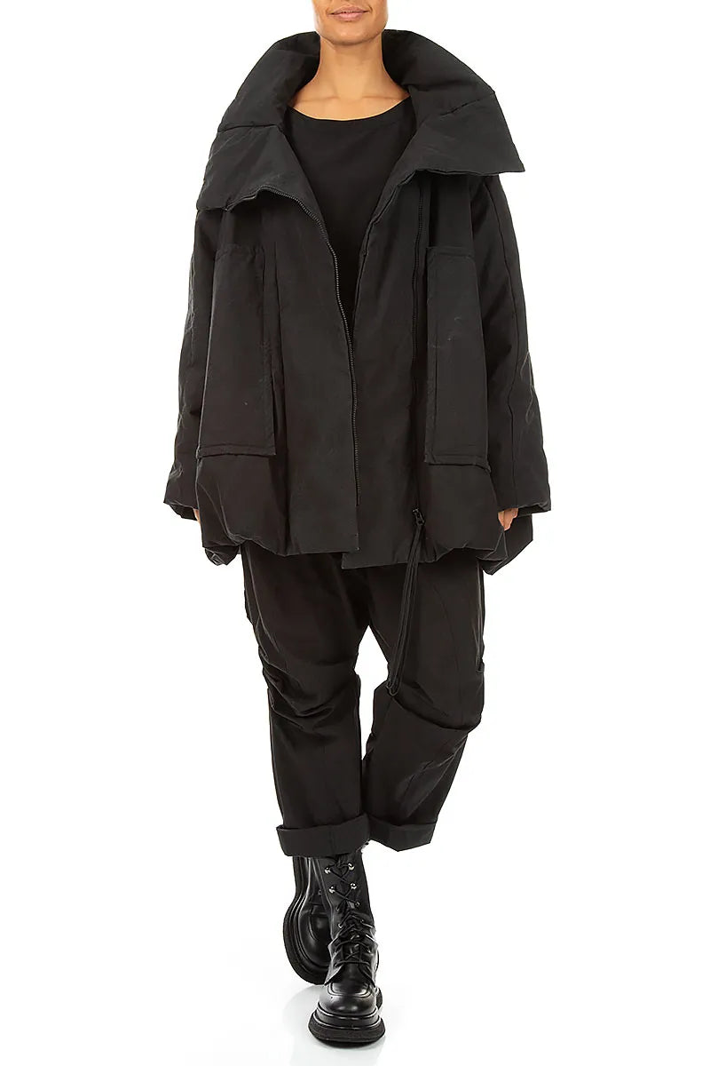 High Collar Black Cotton Puffer Coat
