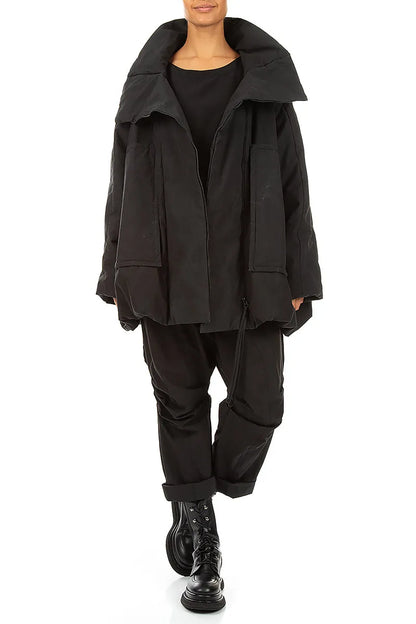 High Collar Black Cotton Puffer Coat