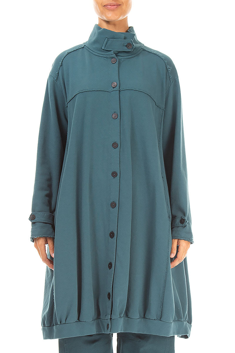 High Collar Deep Turquoise French Terry Cotton Jacket 1