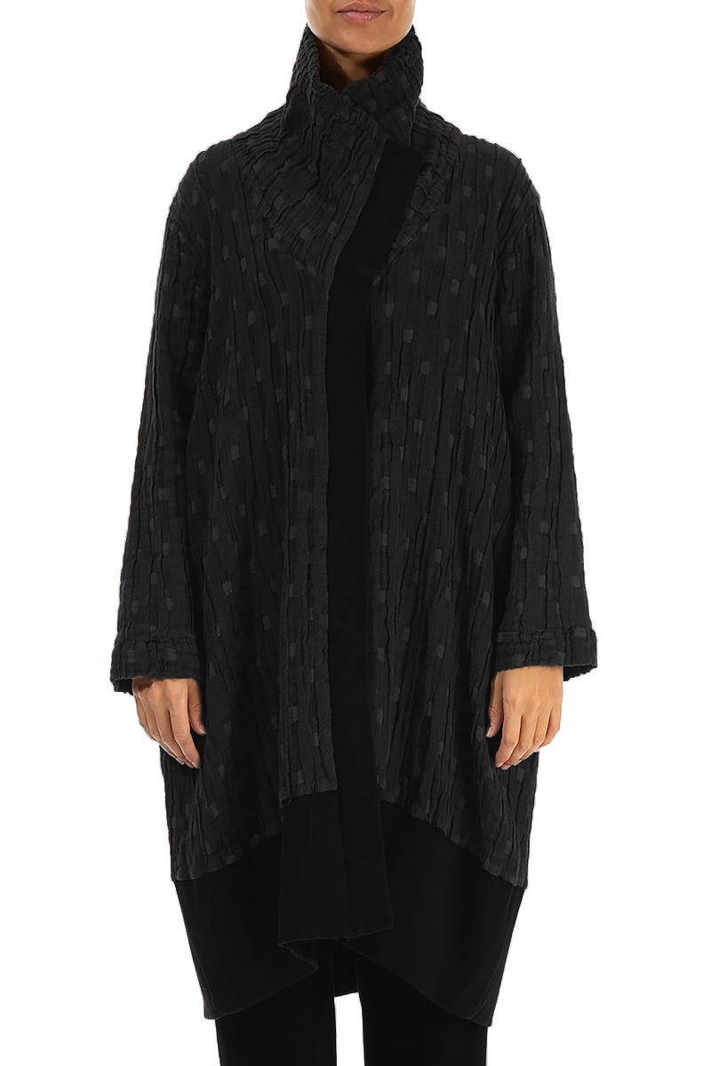 High Collar Black Textured Linen Jacket 1