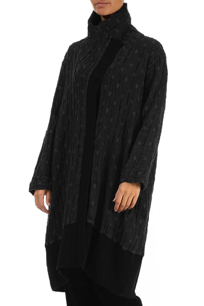 High Collar Black Textured Linen Jacket 3