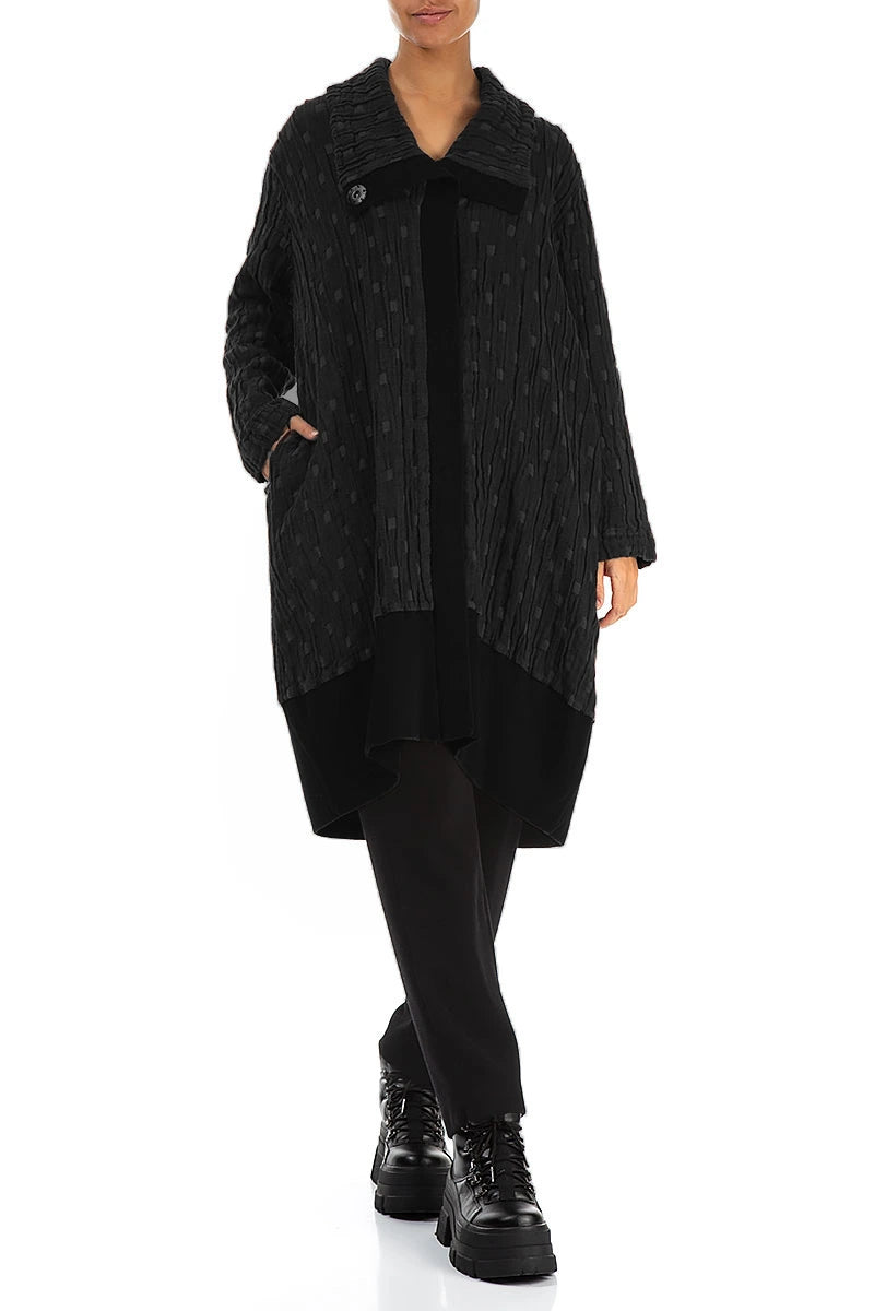 High Collar Black Textured Linen Jacket 5