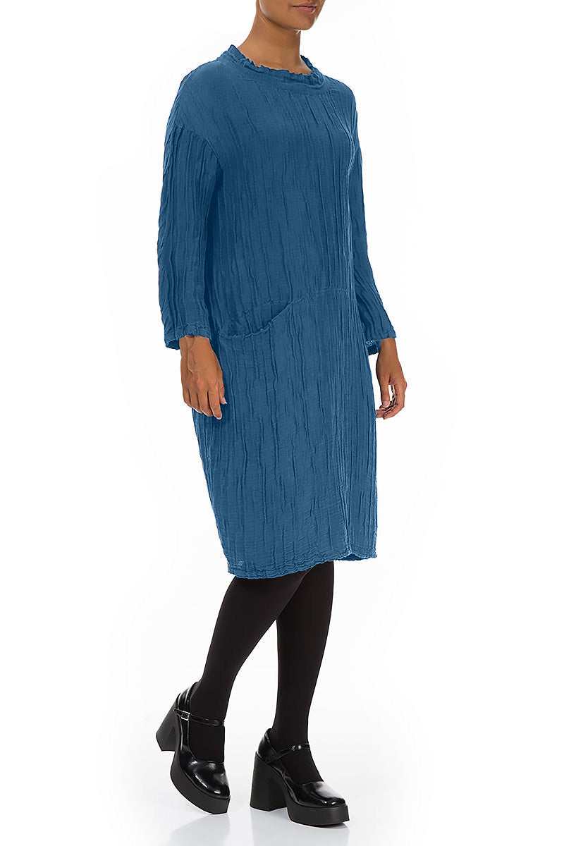 High Neck Azure Crinkled Silk Linen Dress