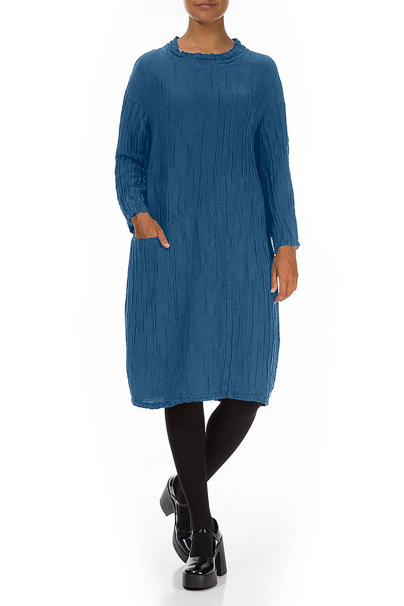 High Neck Azure Crinkled Silk Linen Dress