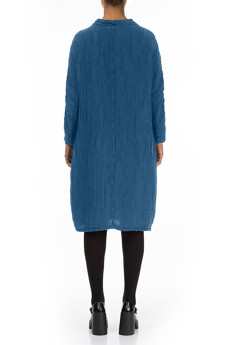 High Neck Azure Crinkled Silk Linen Dress