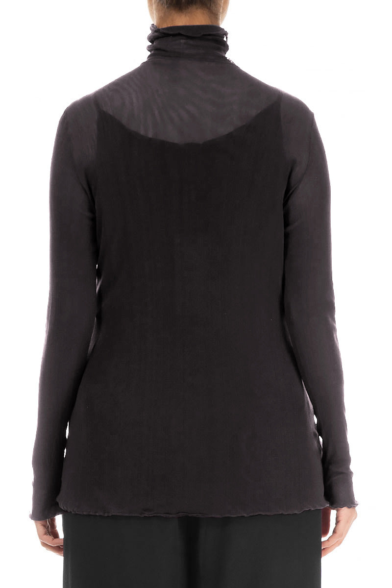 High Neck Fitted Grey Tulle Silk Blouse