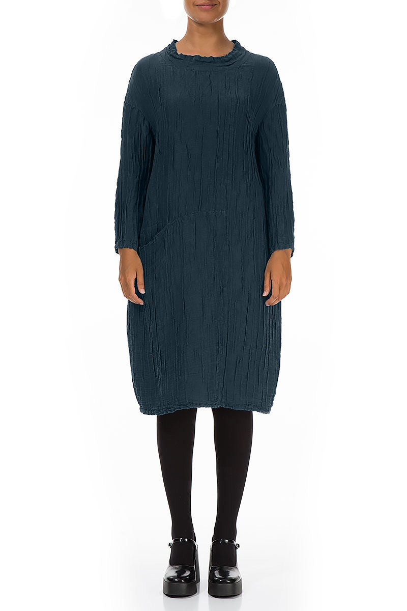 High Neck Midnight Blue Crinkled Silk Linen Dress