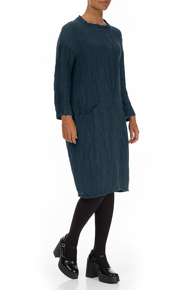 High Neck Midnight Blue Crinkled Silk Linen Dress