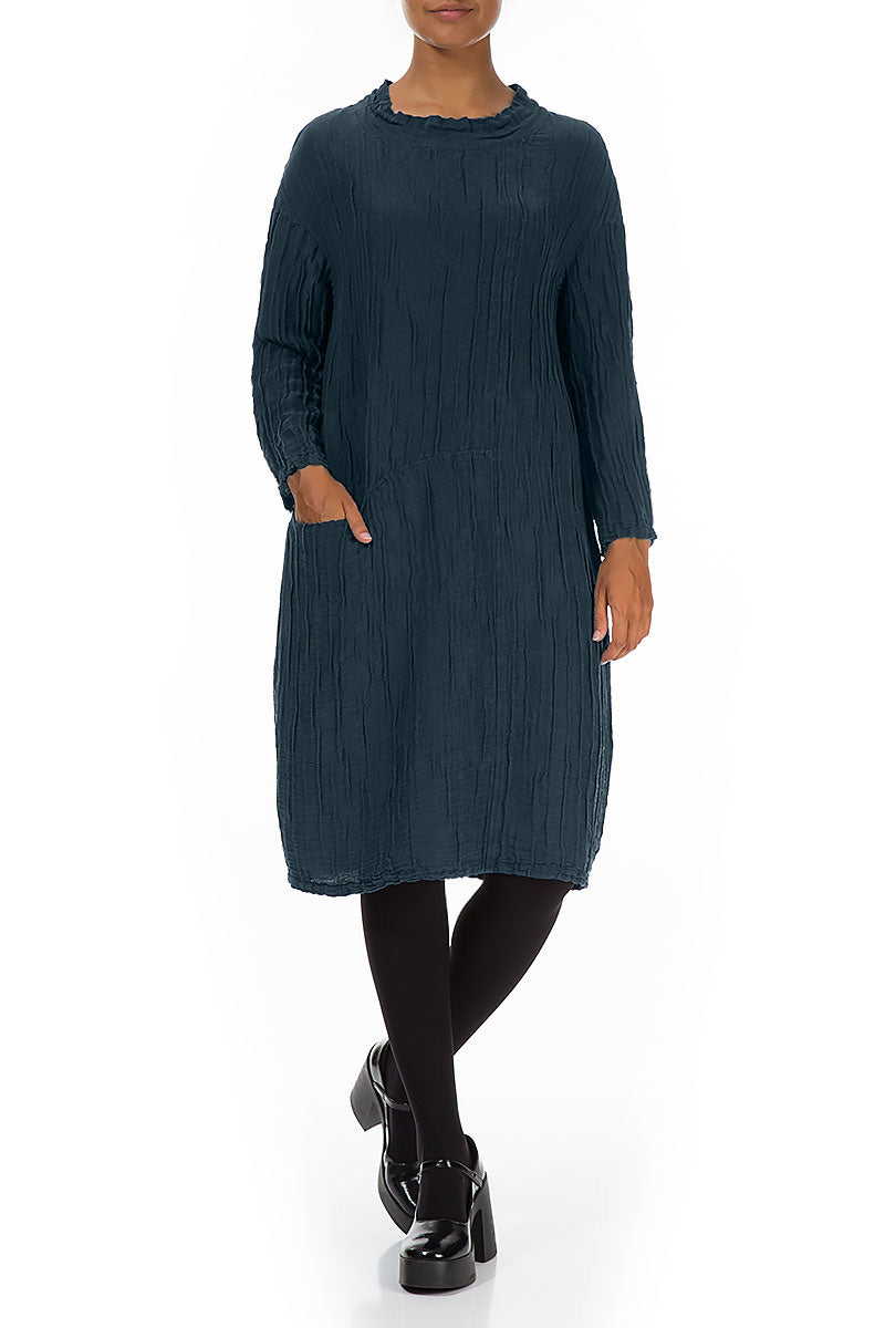 High Neck Midnight Blue Crinkled Silk Linen Dress