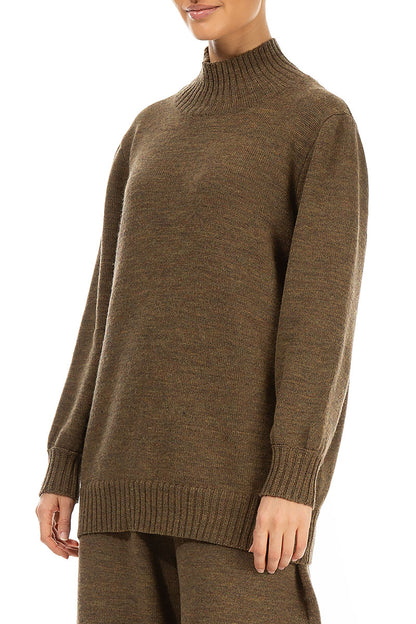 High Neck Khaki Knitted Wool Jumper