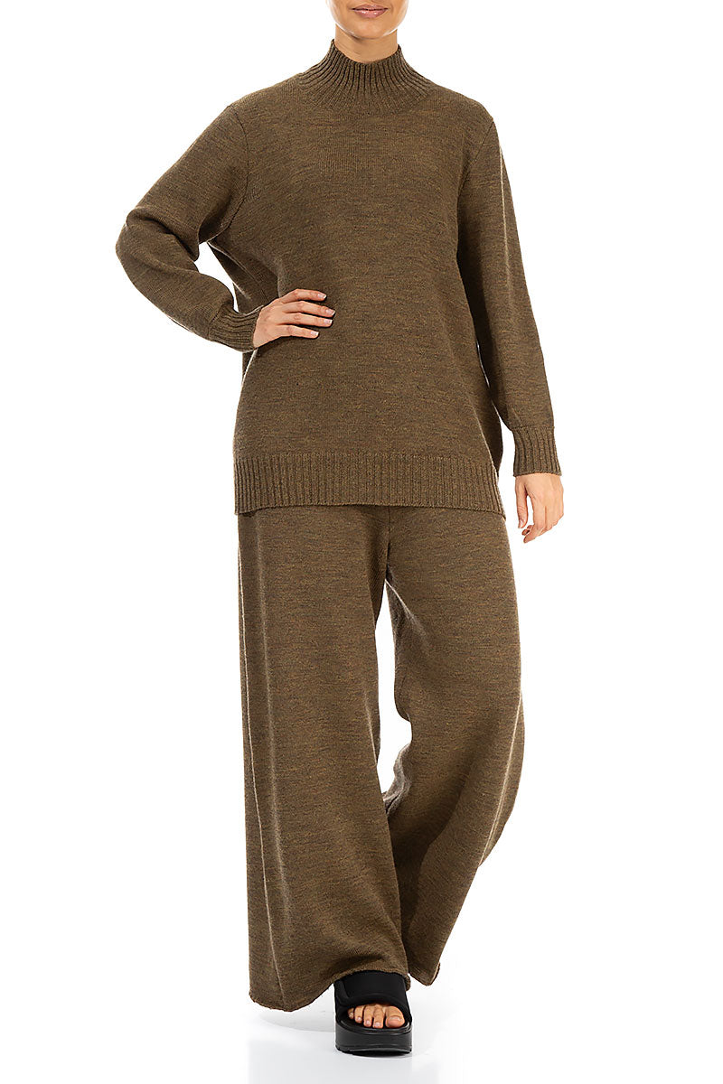 High Neck Khaki Knitted Wool Jumper