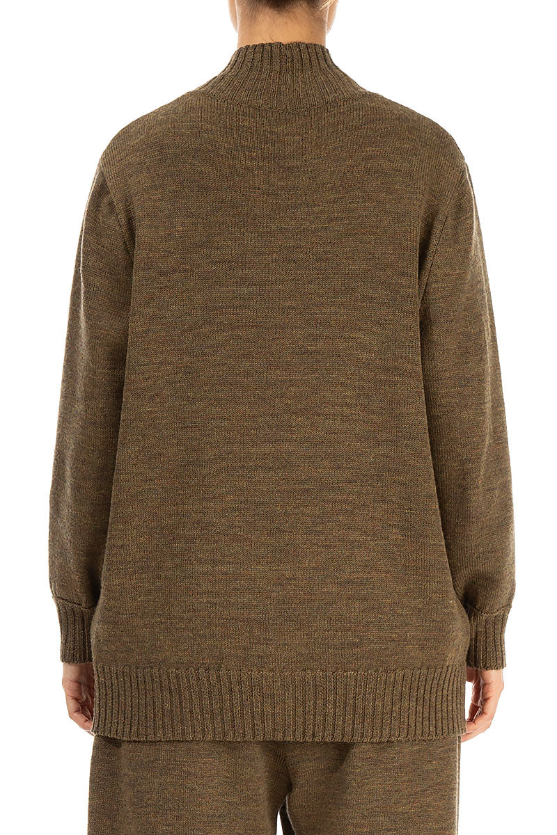 High Neck Khaki Knitted Wool Jumper