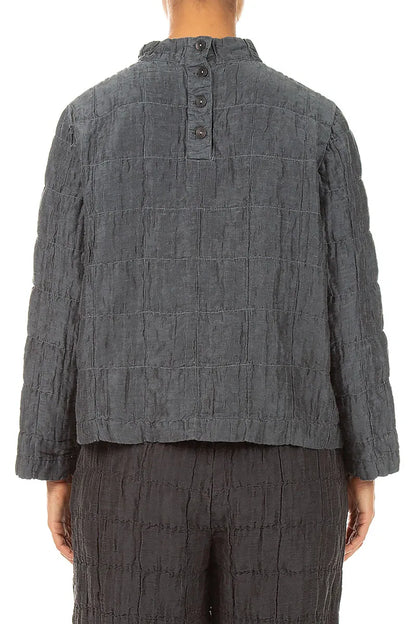 Higher Neck Charcoal Pleated Silk Linen Blouse 2