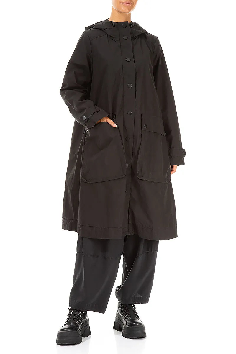 Hooded Flared Black Cotton Coat 4