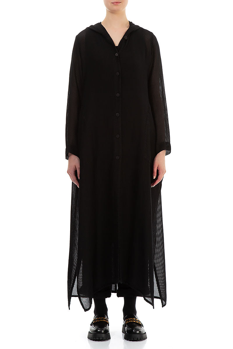 Hooded Black Mesh Silk Rayon Jacket