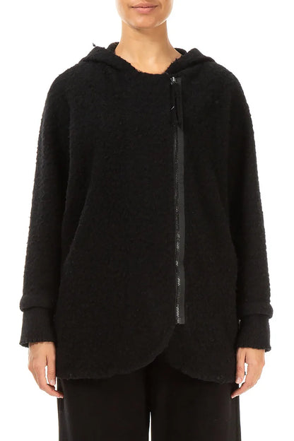 Hooded Black Plush Wool Cotton Zip Jacket 2