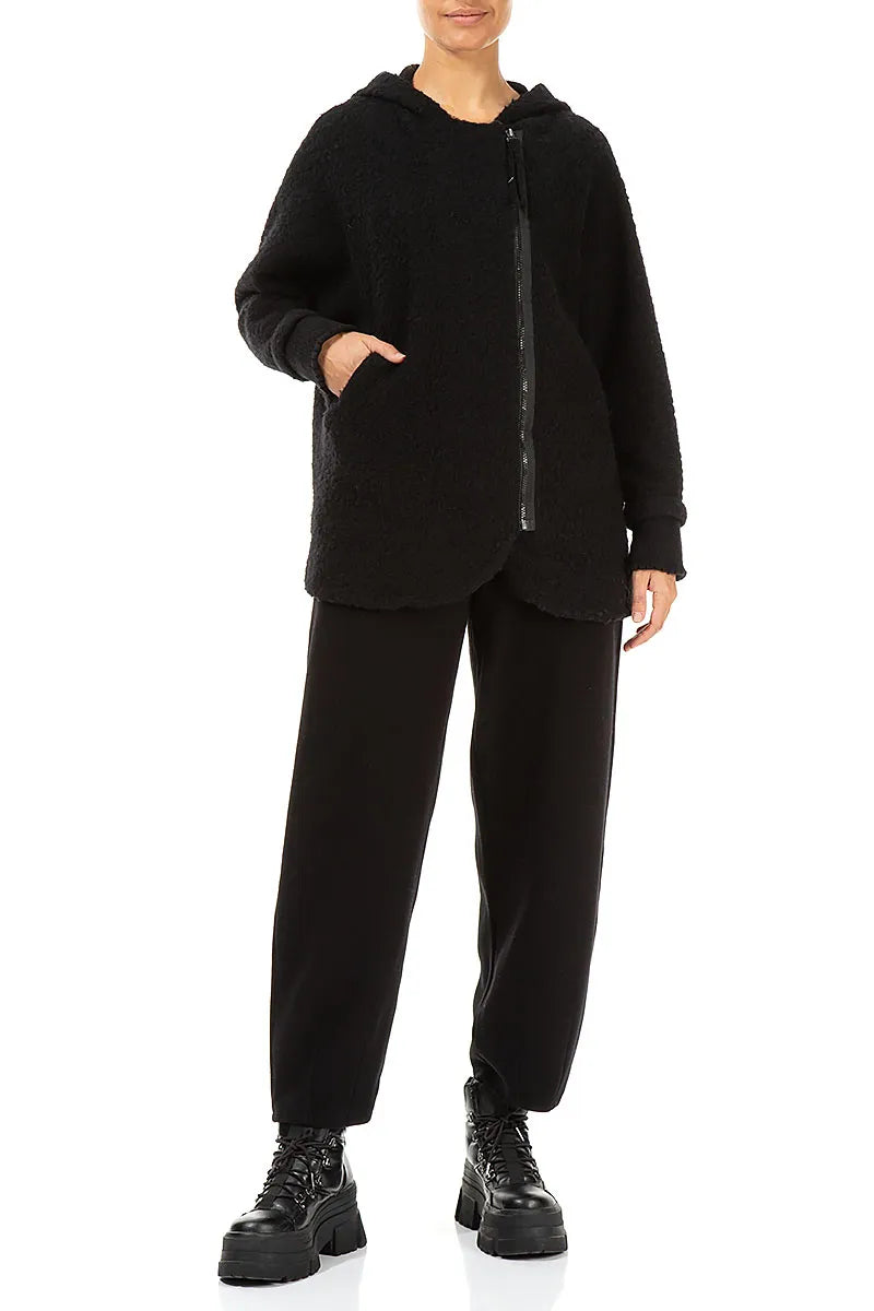 Hooded Black Plush Wool Cotton Zip Jacket 4
