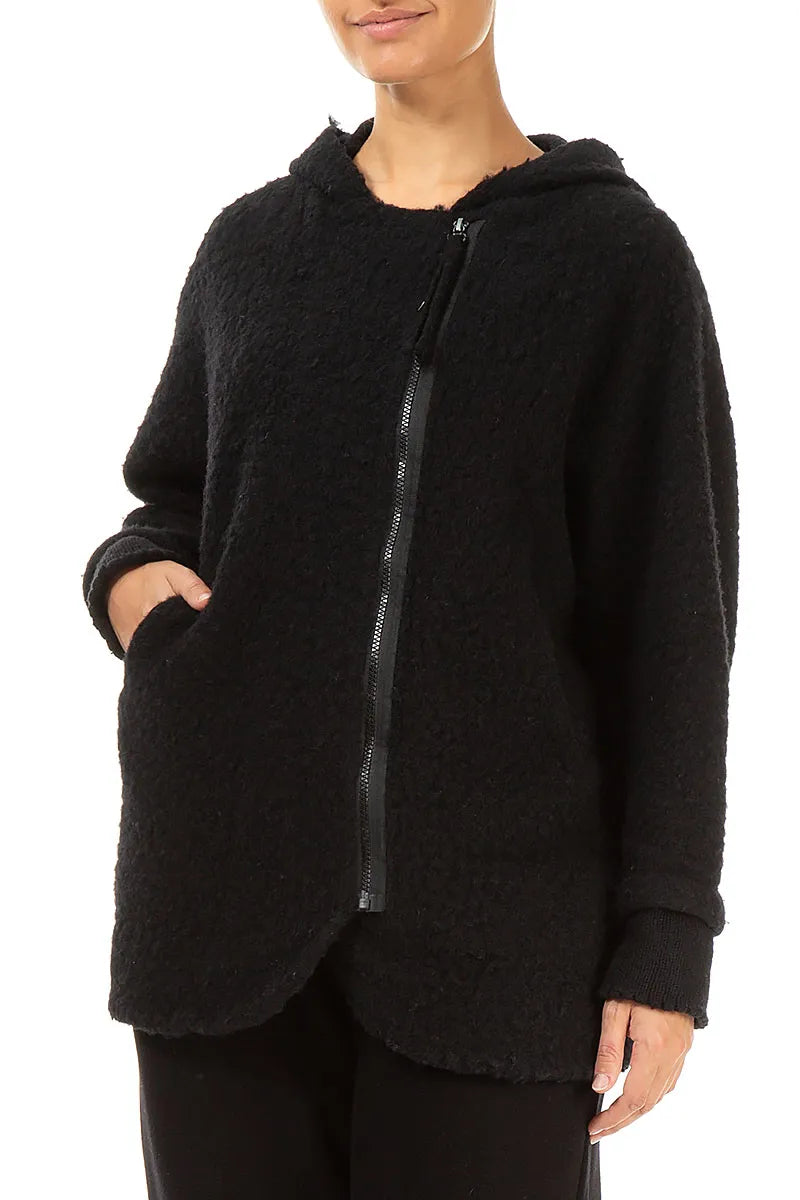 Hooded Black Plush Wool Cotton Zip Jacket 3