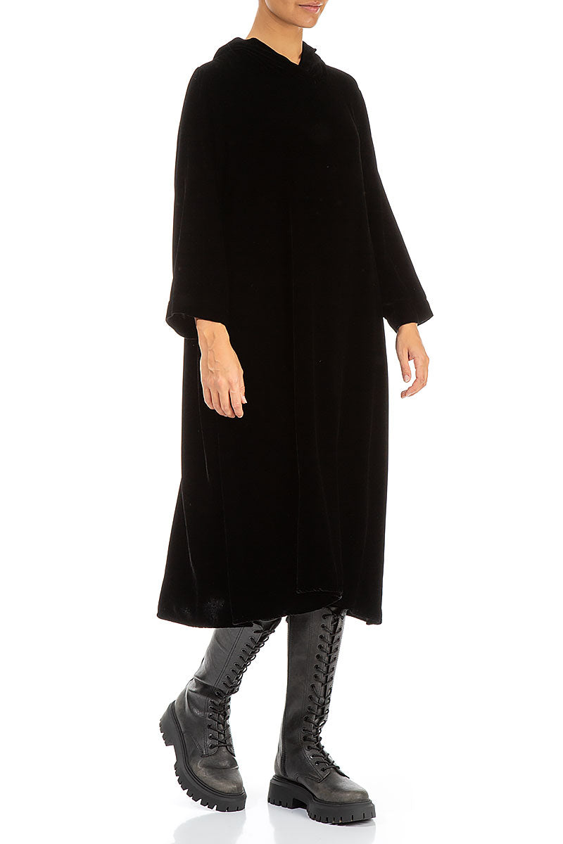 Hooded Black Silk Velvet Dress