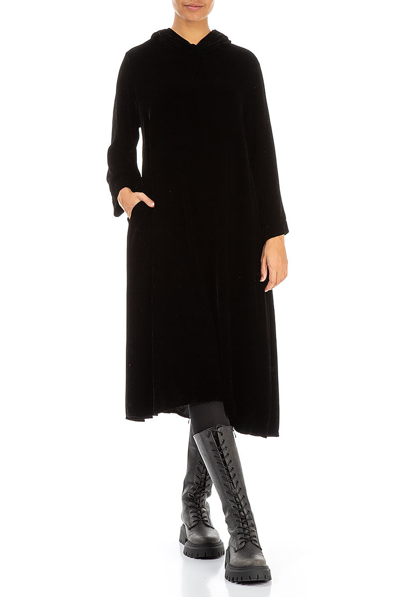 Hooded Black Silk Velvet Dress