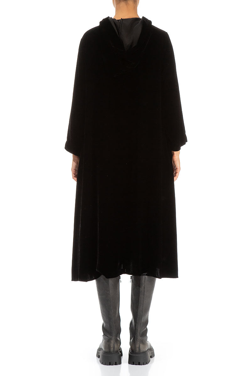 Hooded Black Silk Velvet Dress