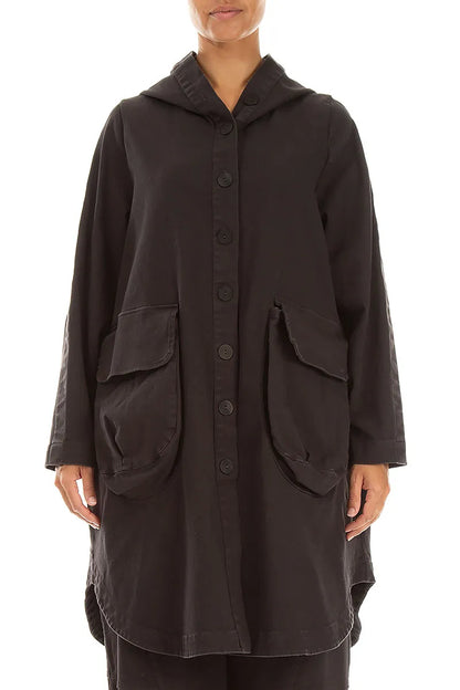 Hooded Charcoal Stretch Cotton Coat