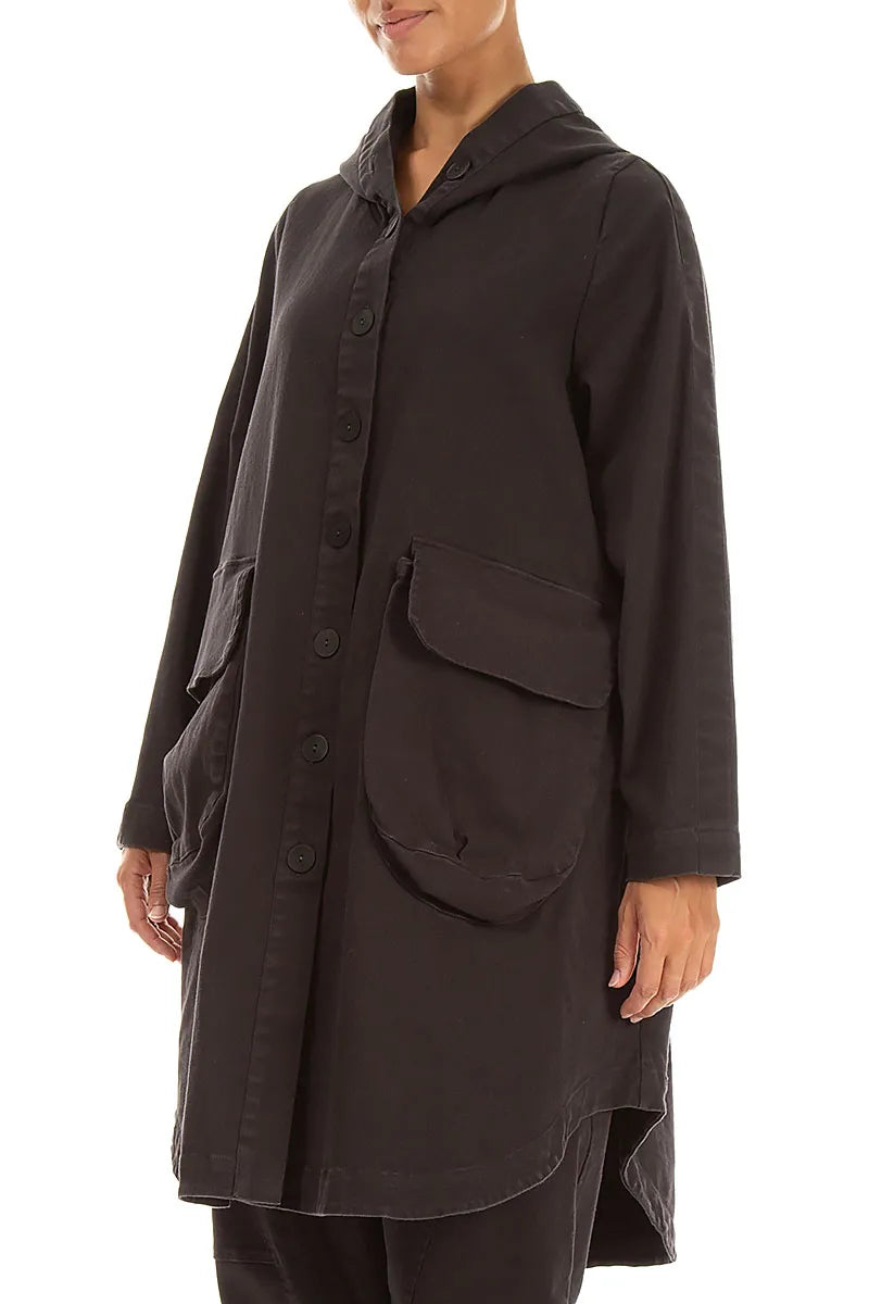 Hooded Charcoal Stretch Cotton Coat