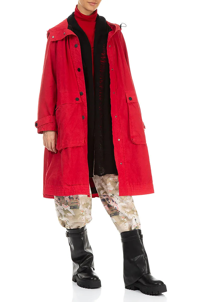 Hooded Cherry Red Cotton Coat 6