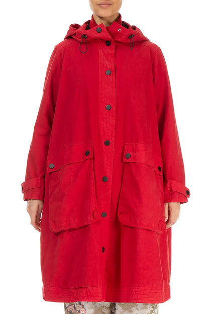 Hooded Cherry Red Cotton Coat 2