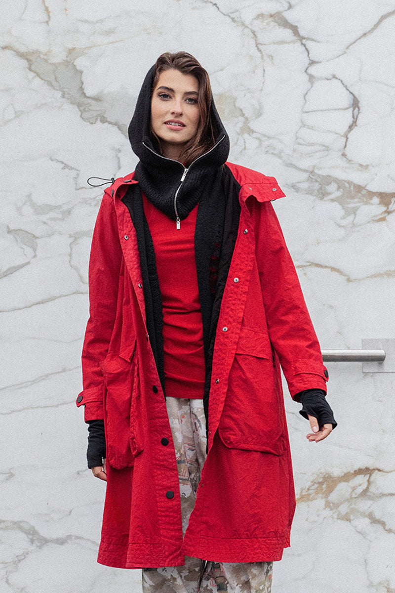 Hooded Cherry Red Cotton Coat 1