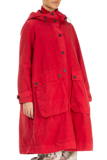Hooded Cherry Red Cotton Coat 4