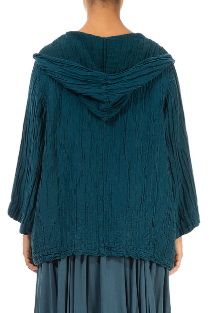 Hooded Crinkled Teal Silk Linen Jacket