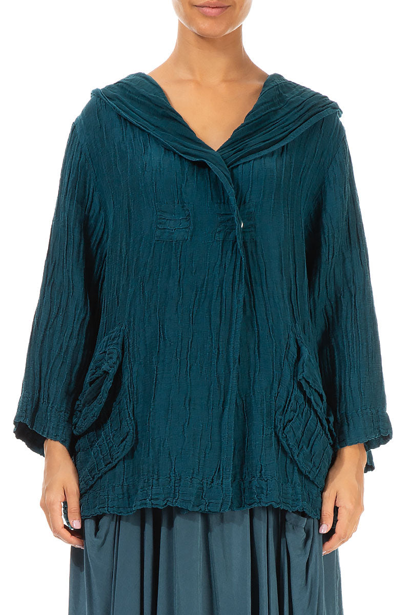 Hooded Crinkled Teal Silk Linen Jacket