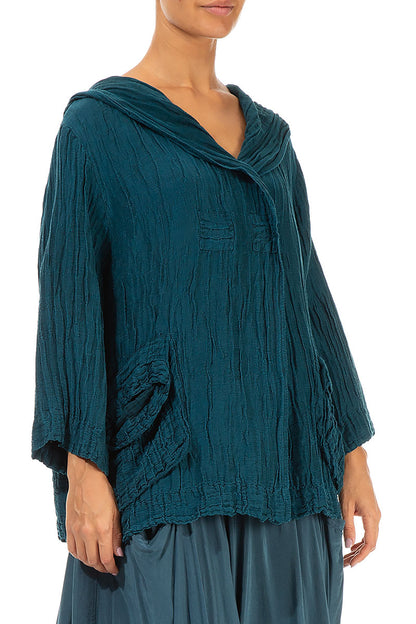 Hooded Crinkled Teal Silk Linen Jacket