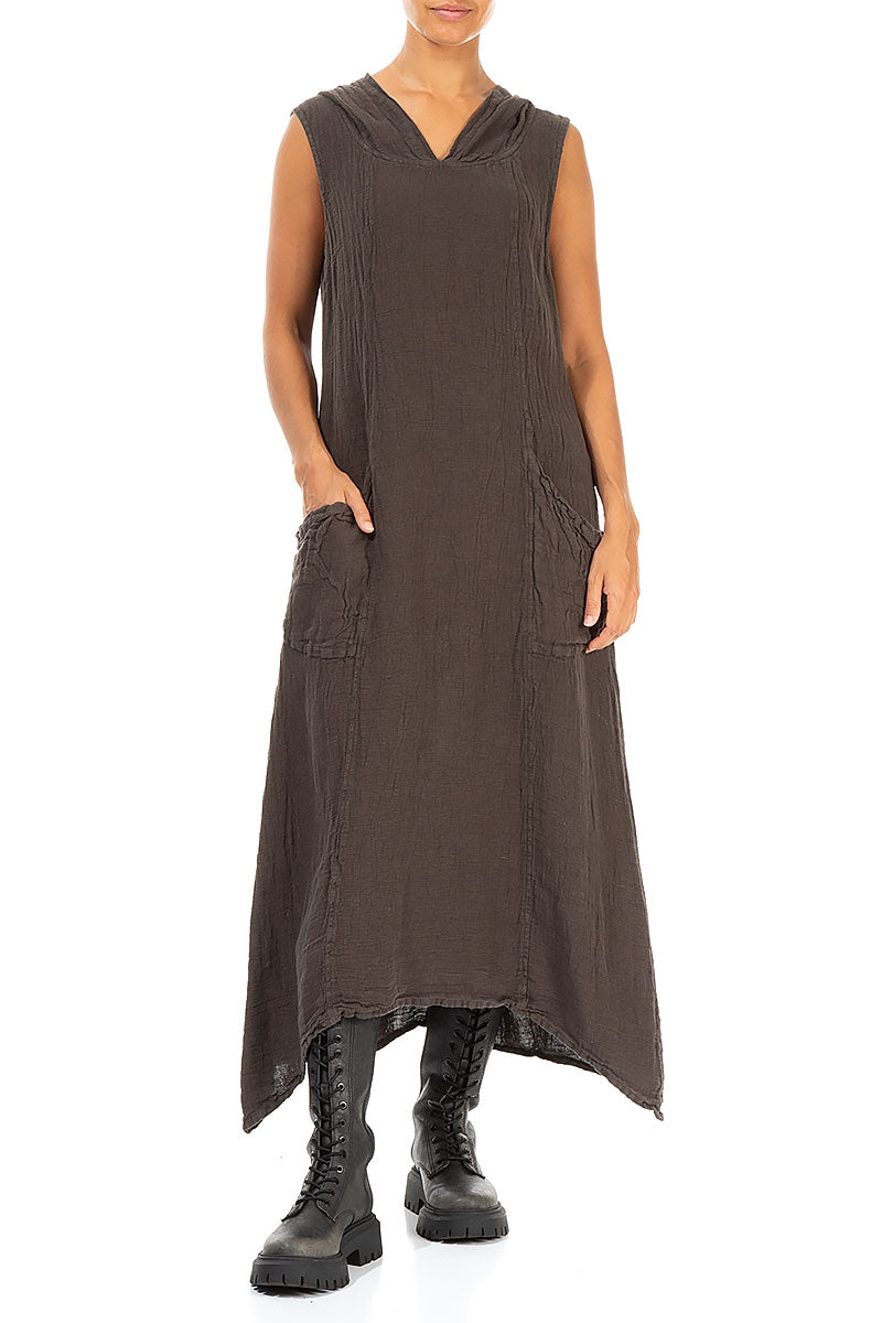 Hooded Dark Mocha Linen Dress