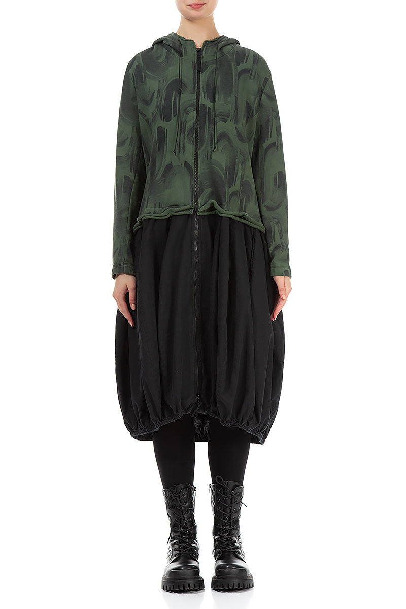 Hooded Dark Sage Paintwave Cotton Jacket Dress