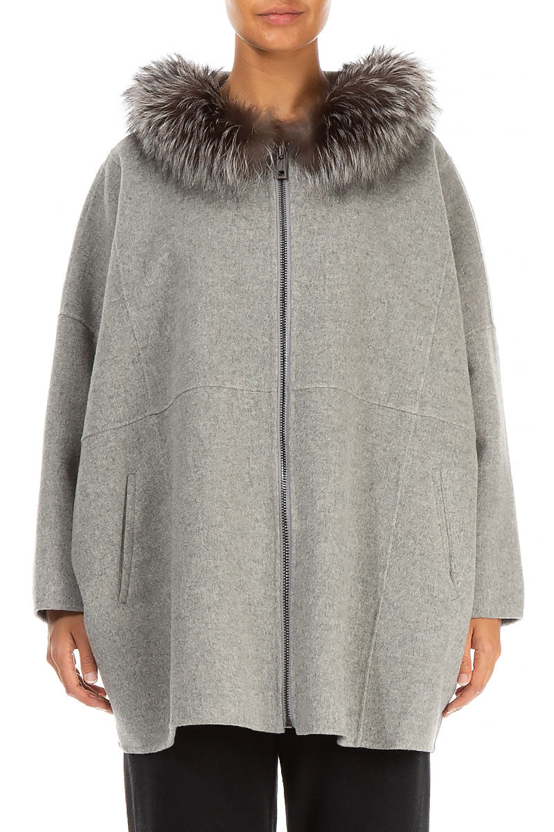 Hooded Faux Fur Grey Wool Jacket