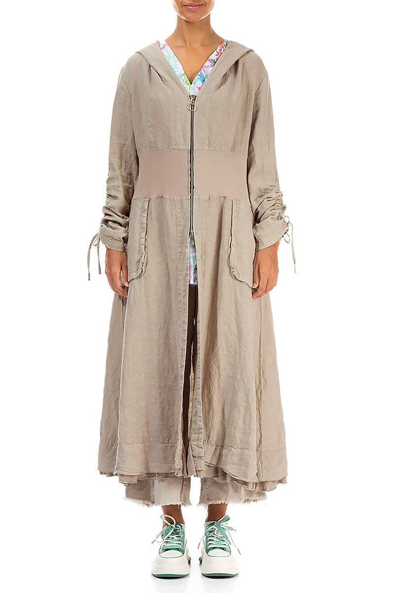 Hooded Gathered Sleeves Beige Linen Jacket