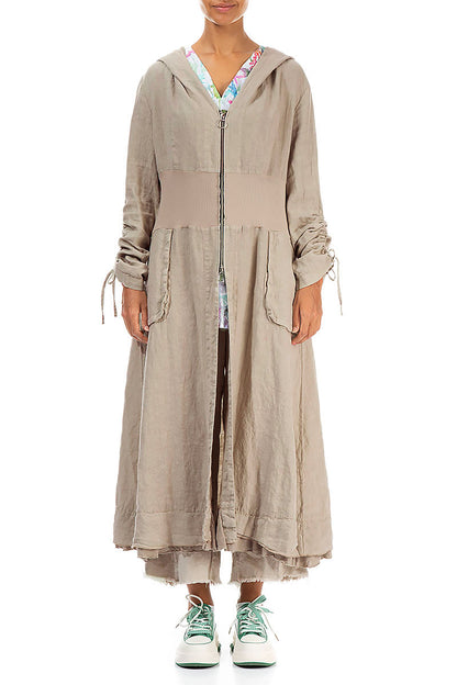Hooded Gathered Sleeves Beige Linen Jacket
