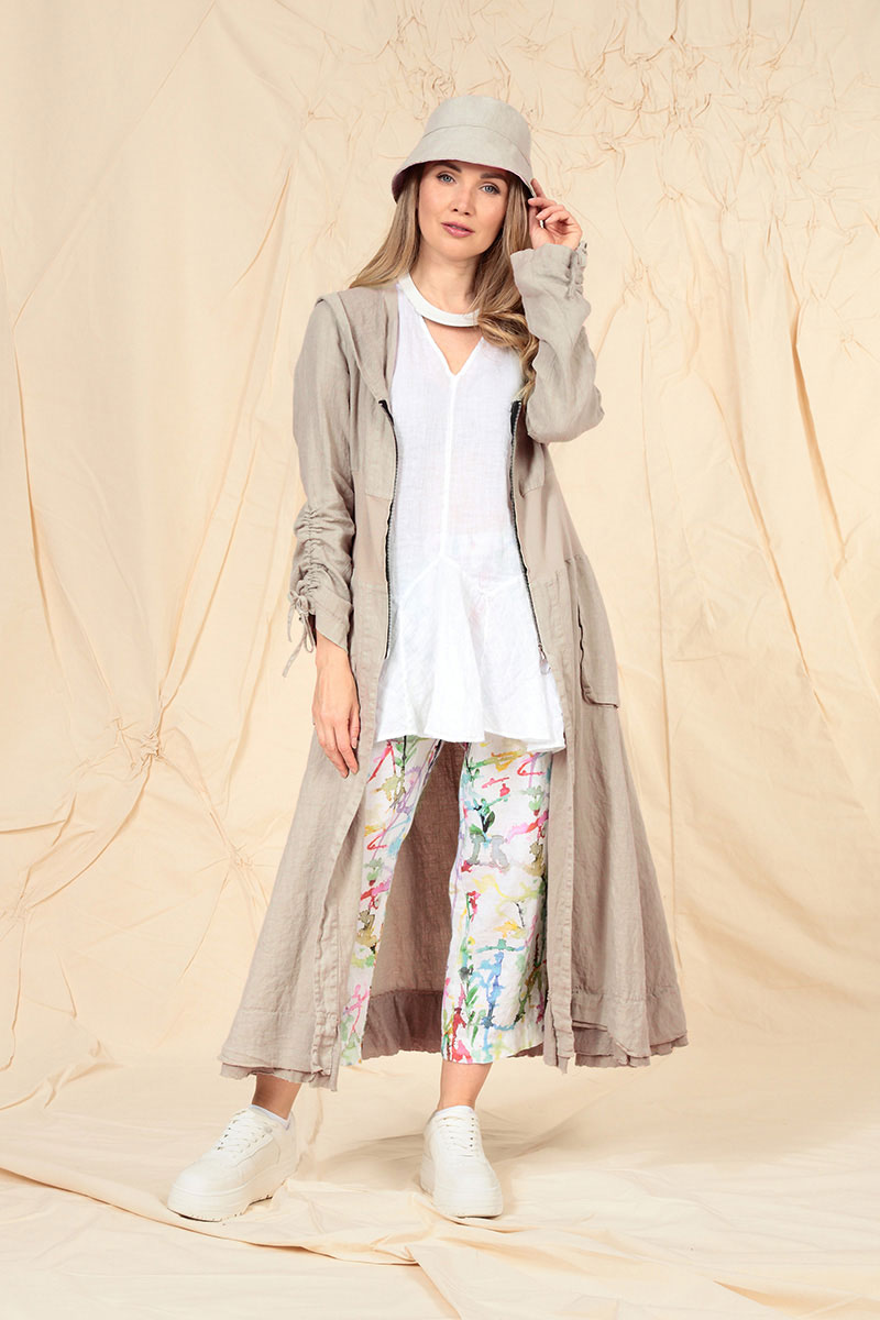 Hooded Gathered Sleeves Beige Linen Jacket – grizas.com